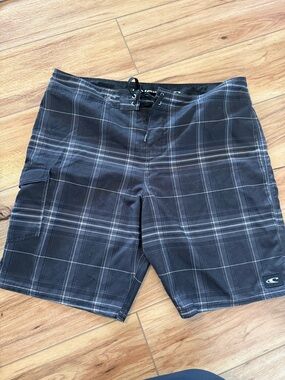 O’Neill Black Plaid Men’s Swim Board Shorts with Side Pocket